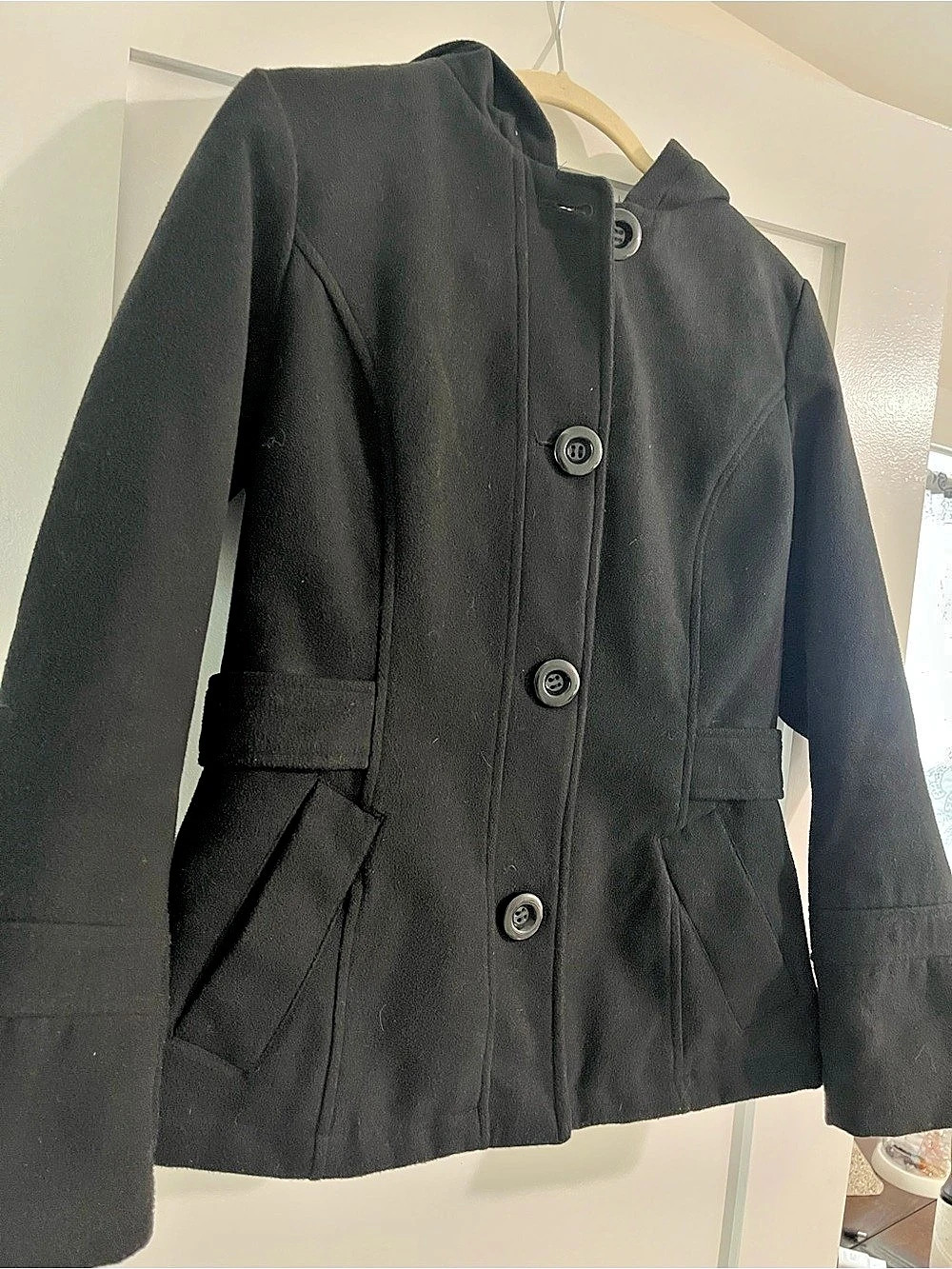 Black Hooded Pea Coat Size Small